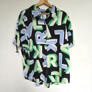 Karl Lagerfeld Paris Black Blue Green Monogram Printed Button-Down Top Size XL